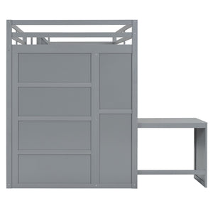 HomeRoots Gray Four-Poster Loft Bed with Desk, Stairs & Shelves – Space-Saving Solution for Any Bedroom! 596599