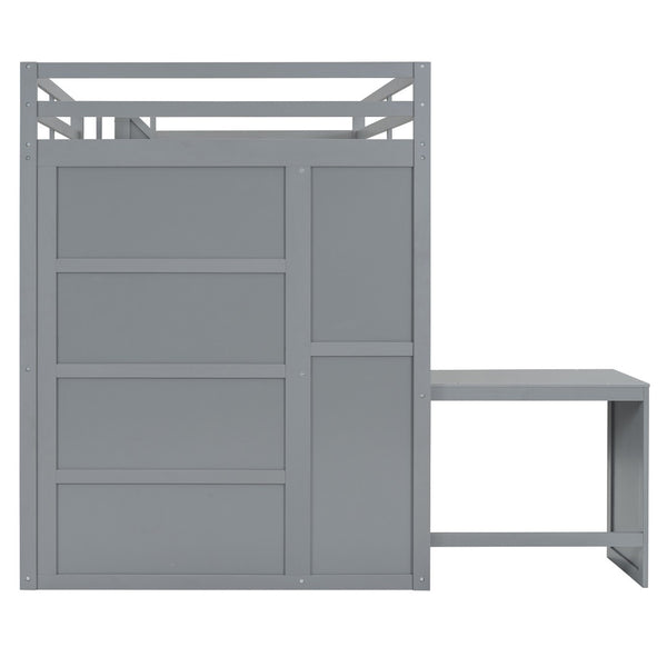 HomeRoots Gray Four-Poster Loft Bed with Desk, Stairs & Shelves – Space-Saving Solution for Any Bedroom! 596599