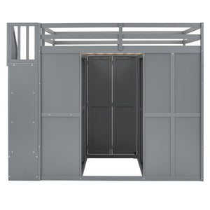 HomeRoots Gray Four-Poster Loft Bed with Desk, Stairs & Shelves – Space-Saving Solution for Any Bedroom! 596599