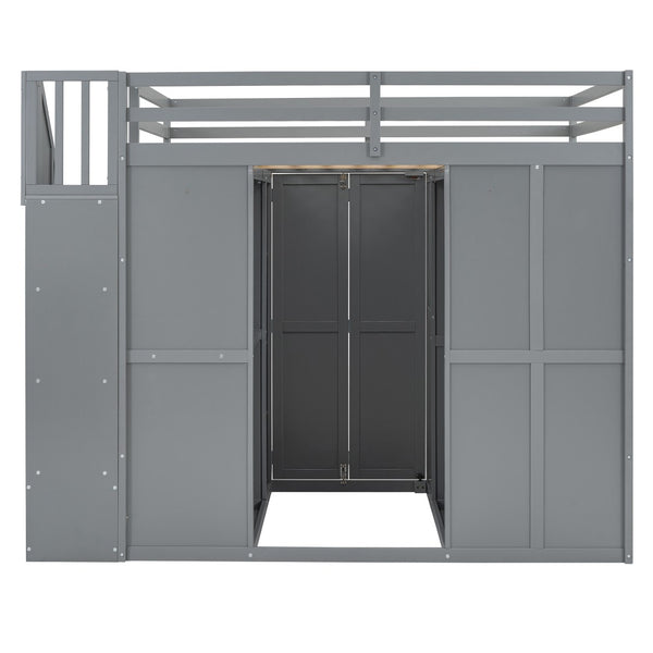HomeRoots Gray Four-Poster Loft Bed with Desk, Stairs & Shelves – Space-Saving Solution for Any Bedroom! 596599