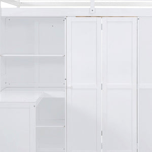 HomeRoots White Four Poster Loft Bed with Desk, Stairs & Shelves - Space-Saving Design for Kids & Teens 596600