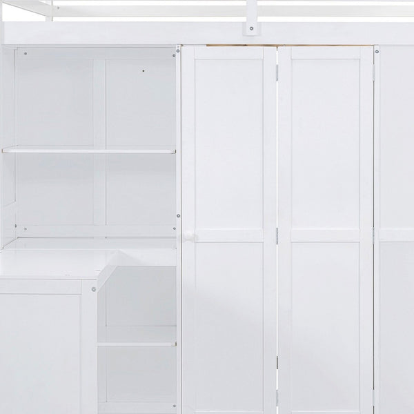 HomeRoots White Four Poster Loft Bed with Desk, Stairs & Shelves - Space-Saving Design for Kids & Teens 596600