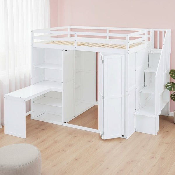 HomeRoots White Four Poster Loft Bed with Desk, Stairs & Shelves - Space-Saving Design for Kids & Teens 596600