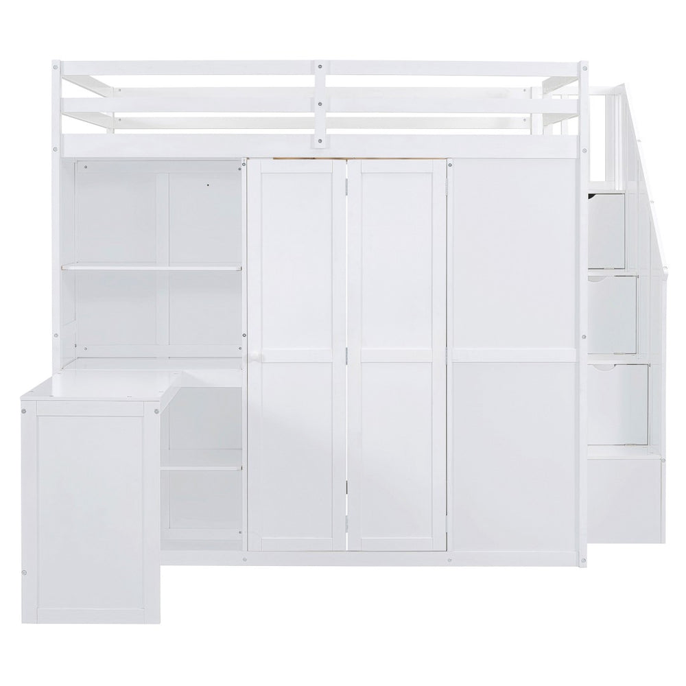 HomeRoots White Four Poster Loft Bed with Desk, Stairs & Shelves - Space-Saving Design for Kids & Teens 596600