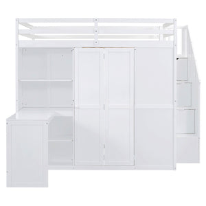 HomeRoots White Four Poster Loft Bed with Desk, Stairs & Shelves - Space-Saving Design for Kids & Teens 596600