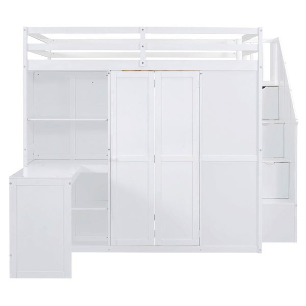 HomeRoots White Four Poster Loft Bed with Desk, Stairs & Shelves - Space-Saving Design for Kids & Teens 596600