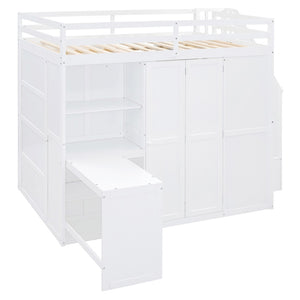 HomeRoots White Four Poster Loft Bed with Desk, Stairs & Shelves - Space-Saving Design for Kids & Teens 596600