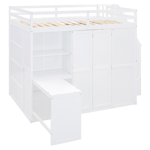 HomeRoots White Four Poster Loft Bed with Desk, Stairs & Shelves - Space-Saving Design for Kids & Teens 596600