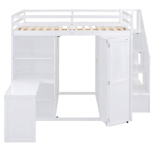 HomeRoots White Four Poster Loft Bed with Desk, Stairs & Shelves - Space-Saving Design for Kids & Teens 596600