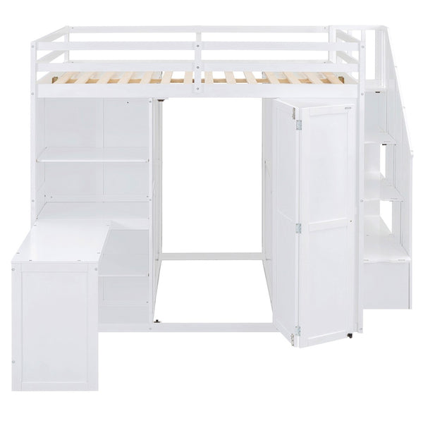 HomeRoots White Four Poster Loft Bed with Desk, Stairs & Shelves - Space-Saving Design for Kids & Teens 596600
