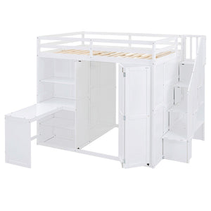 HomeRoots White Four Poster Loft Bed with Desk, Stairs & Shelves - Space-Saving Design for Kids & Teens 596600