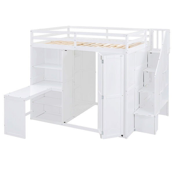 HomeRoots White Four Poster Loft Bed with Desk, Stairs & Shelves - Space-Saving Design for Kids & Teens 596600