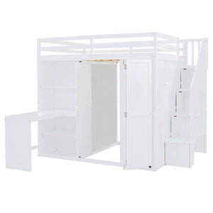HomeRoots White Four Poster Loft Bed with Desk, Stairs & Shelves - Space-Saving Design for Kids & Teens 596600