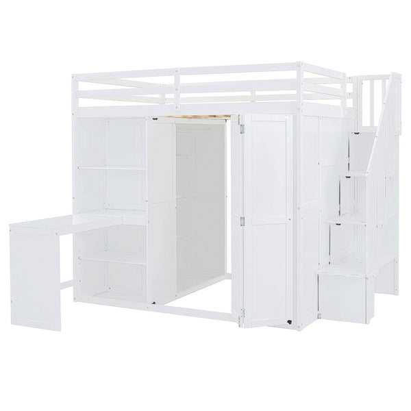 HomeRoots White Four Poster Loft Bed with Desk, Stairs & Shelves - Space-Saving Design for Kids & Teens 596600
