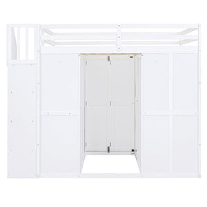 HomeRoots White Four Poster Loft Bed with Desk, Stairs & Shelves - Space-Saving Design for Kids & Teens 596600