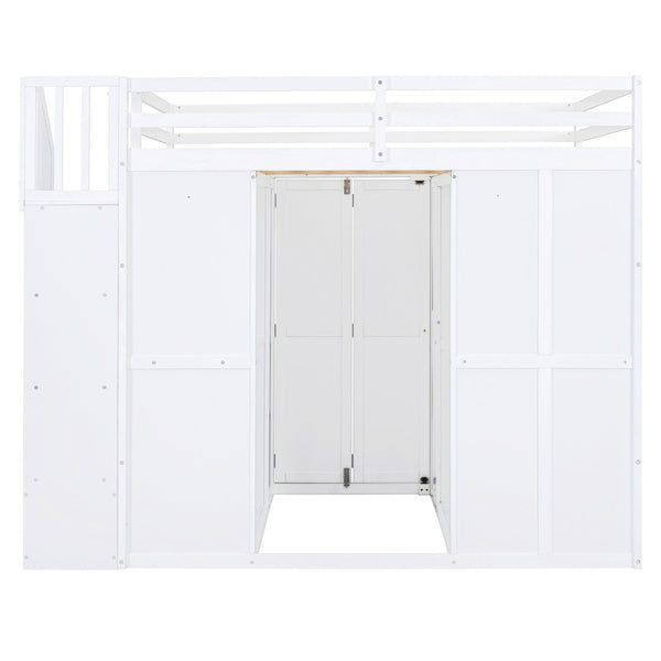 HomeRoots White Four Poster Loft Bed with Desk, Stairs & Shelves - Space-Saving Design for Kids & Teens 596600