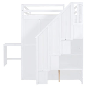 HomeRoots White Four Poster Loft Bed with Desk, Stairs & Shelves - Space-Saving Design for Kids & Teens 596600