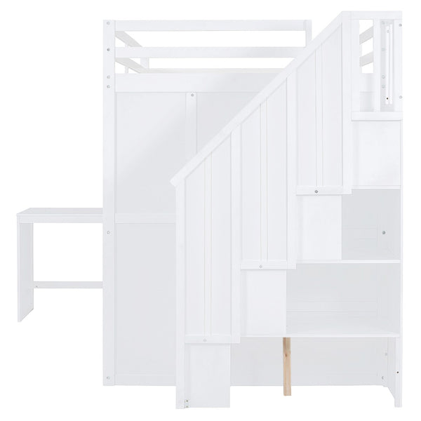 HomeRoots White Four Poster Loft Bed with Desk, Stairs & Shelves - Space-Saving Design for Kids & Teens 596600