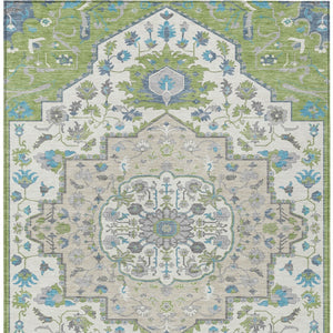 Homeroots 3' Artichoke Green Blue And Ivory Oriental Washable Area Rug For Indoor Or Outdoor Use, Durable Design 3' X 5' Polyester 596602