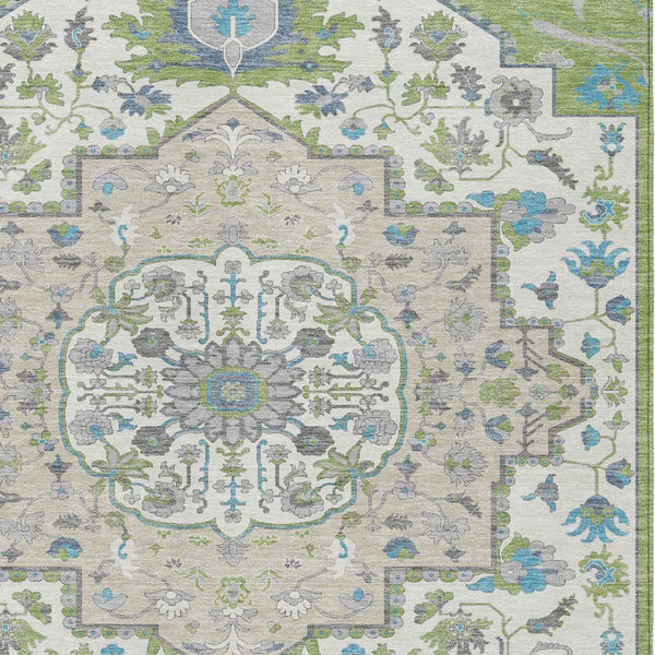 Homeroots 3' Artichoke Green Blue And Ivory Oriental Washable Area Rug For Indoor Or Outdoor Use, Durable Design 3' X 5' Polyester 596602
