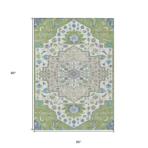 Homeroots 3' Artichoke Green Blue And Ivory Oriental Washable Area Rug For Indoor Or Outdoor Use, Durable Design 5' X 8' Polyester 596603