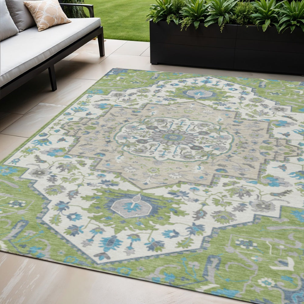 HomeRoots 5' Timeless Artichoke Green Blue Ivory Oriental Area Rug for Indoor and Outdoor Spaces, Washable 5' X 8' 596603
