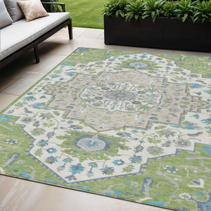Homeroots 3' Artichoke Green Blue And Ivory Oriental Washable Area Rug For Indoor Or Outdoor Use, Durable Design 5' X 8' Polyester 596603