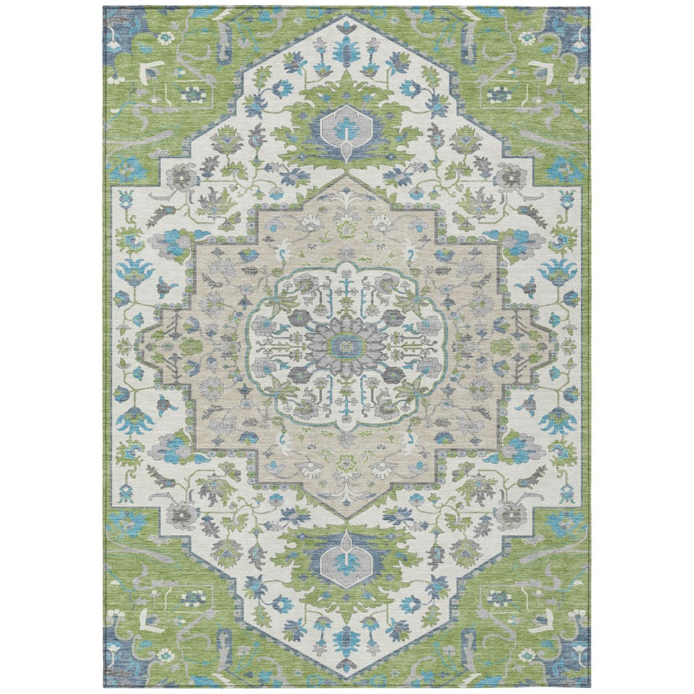 HomeRoots 5' Timeless Artichoke Green Blue Ivory Oriental Area Rug for Indoor and Outdoor Spaces, Washable 5' X 8' 596603