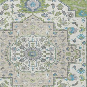 Homeroots 3' Artichoke Green Blue And Ivory Oriental Washable Area Rug For Indoor Or Outdoor Use, Durable Design 5' X 8' Polyester 596603