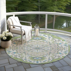 Homeroots 3' Artichoke Green Blue And Ivory Oriental Washable Area Rug For Indoor Or Outdoor Use, Durable Design 8' Round Polyester 596604