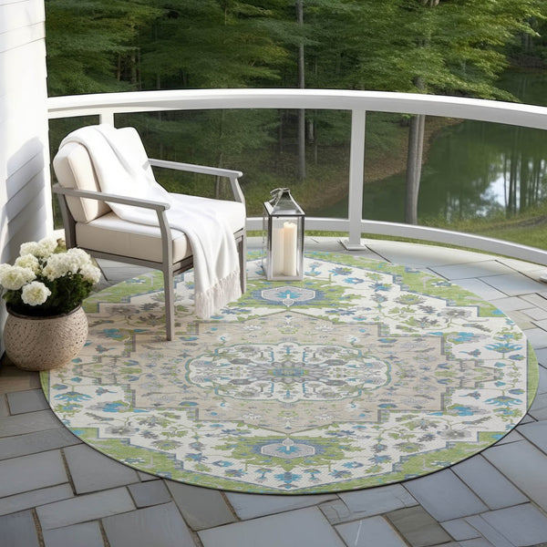 Homeroots 3' Artichoke Green Blue And Ivory Oriental Washable Area Rug For Indoor Or Outdoor Use, Durable Design 8' Round Polyester 596604