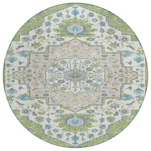 HomeRoots 5' Timeless Artichoke Green Blue Ivory Oriental Area Rug for Indoor and Outdoor Spaces, Washable 8' Round 596604