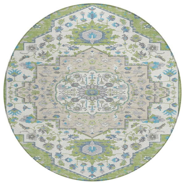 HomeRoots 5' Timeless Artichoke Green Blue Ivory Oriental Area Rug for Indoor and Outdoor Spaces, Washable 8' Round 596604