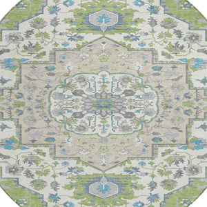 Homeroots 3' Artichoke Green Blue And Ivory Oriental Washable Area Rug For Indoor Or Outdoor Use, Durable Design 8' Round Polyester 596604
