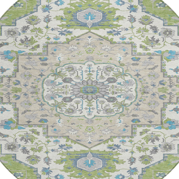 Homeroots 3' Artichoke Green Blue And Ivory Oriental Washable Area Rug For Indoor Or Outdoor Use, Durable Design 8' Round Polyester 596604