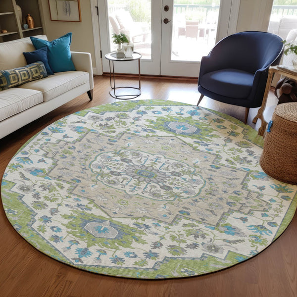 Homeroots 3' Artichoke Green Blue And Ivory Oriental Washable Area Rug For Indoor Or Outdoor Use, Durable Design 8' Round Polyester 596604