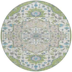 Homeroots 3' Artichoke Green Blue And Ivory Oriental Washable Area Rug For Indoor Or Outdoor Use, Durable Design 8' Round Polyester 596604