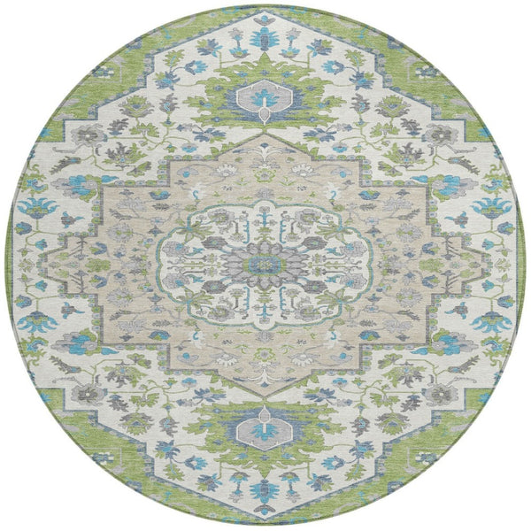 Homeroots 3' Artichoke Green Blue And Ivory Oriental Washable Area Rug For Indoor Or Outdoor Use, Durable Design 8' Round Polyester 596604