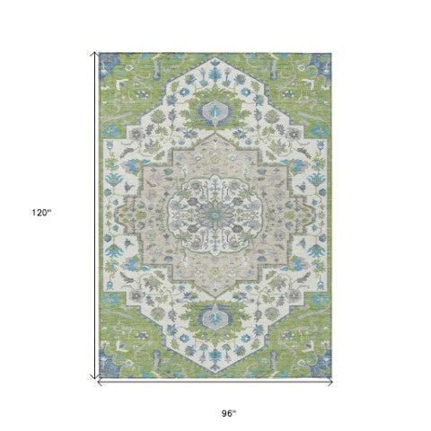 Homeroots 3' Artichoke Green Blue And Ivory Oriental Washable Area Rug For Indoor Or Outdoor Use, Durable Design 8' X 10' Polyester 596605