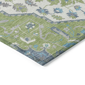 Homeroots 3' Artichoke Green Blue And Ivory Oriental Washable Area Rug For Indoor Or Outdoor Use, Durable Design 8' X 10' Polyester 596605