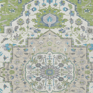 Homeroots 3' Artichoke Green Blue And Ivory Oriental Washable Area Rug For Indoor Or Outdoor Use, Durable Design 8' X 10' Polyester 596605