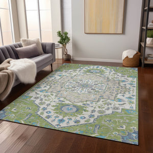 Homeroots 3' Artichoke Green Blue And Ivory Oriental Washable Area Rug For Indoor Or Outdoor Use, Durable Design 8' X 10' Polyester 596605