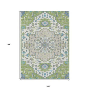 Homeroots 3' Artichoke Green Blue And Ivory Oriental Washable Area Rug For Indoor Or Outdoor Use, Durable Design 9' X 12' Polyester 596606