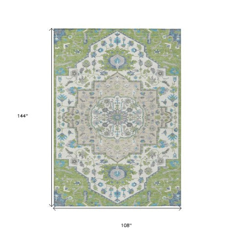 Homeroots 3' Artichoke Green Blue And Ivory Oriental Washable Area Rug For Indoor Or Outdoor Use, Durable Design 9' X 12' Polyester 596606