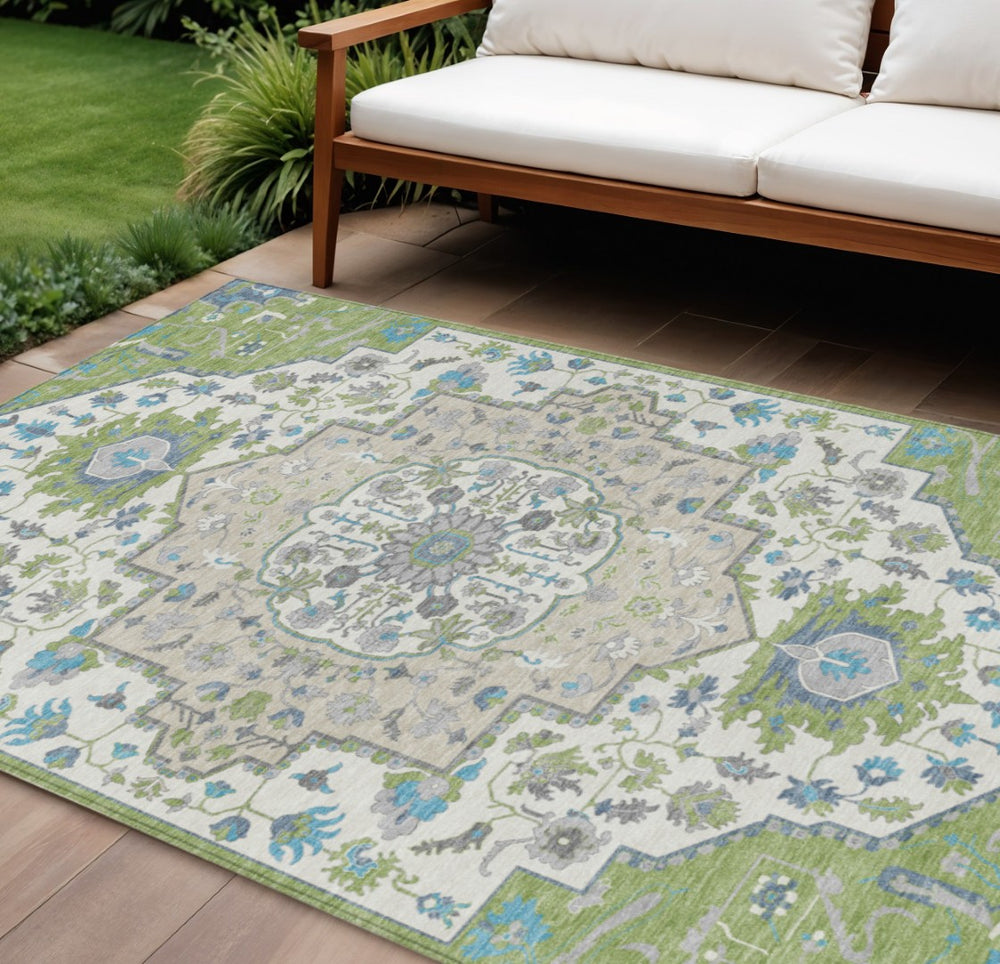 HomeRoots 9' Artichoke Green, Blue & Ivory Oriental Area Rug – Washable, Durable, Indoor/Outdoor Elegance 596606