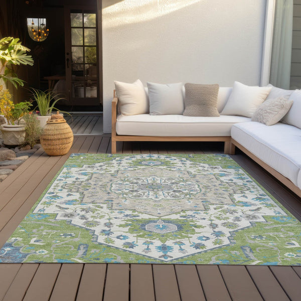 Homeroots 3' Artichoke Green Blue And Ivory Oriental Washable Area Rug For Indoor Or Outdoor Use, Durable Design 9' X 12' Polyester 596606