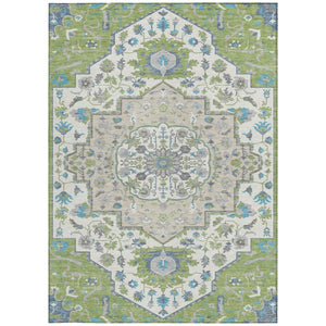 Homeroots 3' Artichoke Green Blue And Ivory Oriental Washable Area Rug For Indoor Or Outdoor Use, Durable Design 10' X 14' Polyester 596607