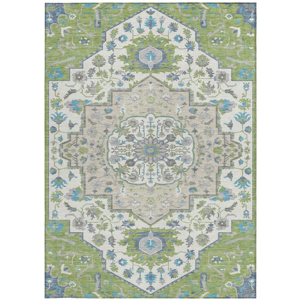 Homeroots 3' Artichoke Green Blue And Ivory Oriental Washable Area Rug For Indoor Or Outdoor Use, Durable Design 10' X 14' Polyester 596607