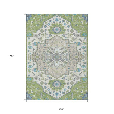 Homeroots 3' Artichoke Green Blue And Ivory Oriental Washable Area Rug For Indoor Or Outdoor Use, Durable Design 10' X 14' Polyester 596607