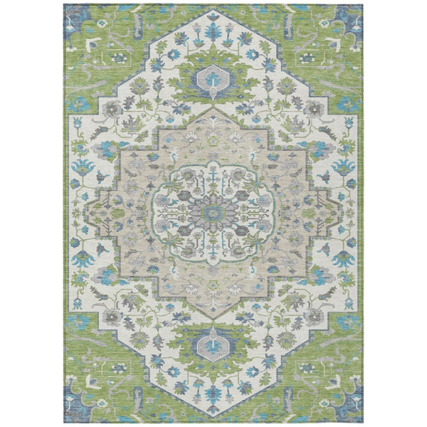 HomeRoots 5' Timeless Artichoke Green Blue Ivory Oriental Area Rug for Indoor and Outdoor Spaces, Washable 10' X 14' 596607